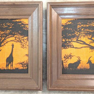 Mid-Century Kay Dee Hand-Printed Linen Art – African Animal Scenes, Wood Framed 12x15"