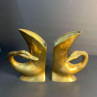 Mid-Century French Brass Swan Bookends/Vases – Maison Jansen Style, 5x4x8" Each