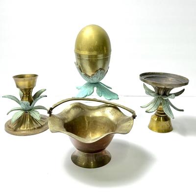 Vintage Brass Decor – Enamel Egg Box with Bird Inside, Candle Holders And Candy Bowl
