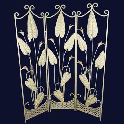 Vintage Wrought Iron Floral Folding Floor Screen – 3-Panel Room Divider (17x68" Each Panel)