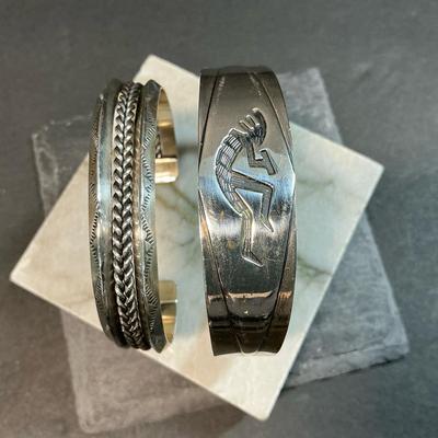 Native American Sterling Silver Kokopeli And Braided Design Cuff Bracelets 