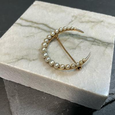 14kt Gold Seed Pearl Crescent Moon Brooch 