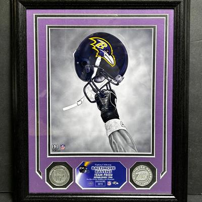 Baltimore Ravens Silver Overlay Medallions & Helmet Photo w/COA, Framed Limited Edition 10/5000