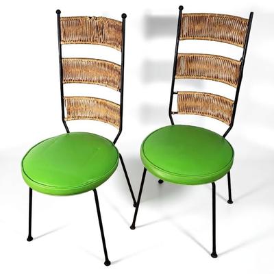 Mid Century Modern Wrought Iron Bistro Chairs with Woven Cord Backs & Green Vinyl Seats- 16x18x40”