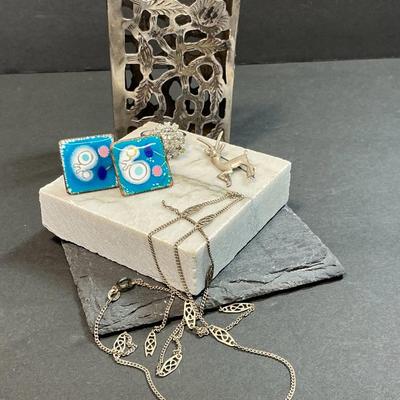Sterling Silver Cigarette Case, Brooch, Earrings And Necklace 