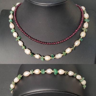 Garnet Bead Necklace With 14K Gold Clasp, Plus Pearl & Jade Necklace & Bracelet