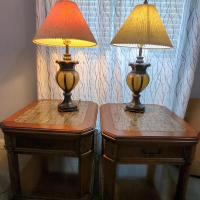 2 Wood & Stone Top Coffee Tables & Lamps