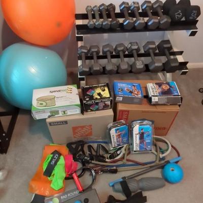 Assorted Dumbbells, Dumbbell Rack, Exercise Balls, Wrist Weights, Resistance Bands & More