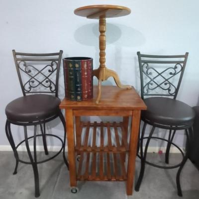 2 Metal Bar Stools, Wood Kitchen Cart, Small Table & More