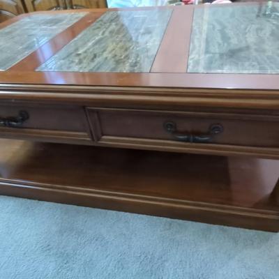Wood & Stone Top Coffee Table W/ Drawers