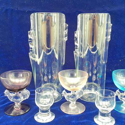 Hand Blown Vases And Morgantown Rooster Glasses 