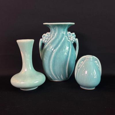 McCoy Turquoise Pottery Vase Trio
