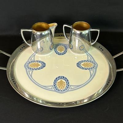 Porcelain And Silverplate Platter With Cream And Sugar