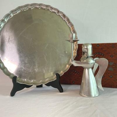 Round Metal Tray & Angel Candle Holder 