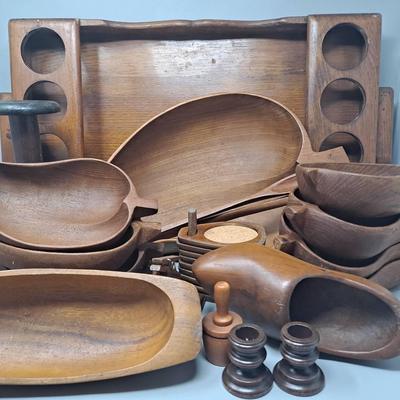 Wooden Decor Lot:  Bowl Set, Midcentury Cork Coasters, Beverage Tray, and More