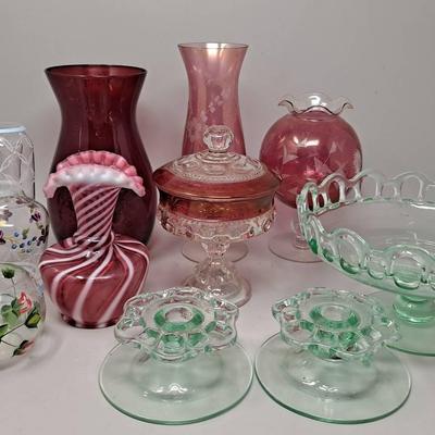 Vintage Cranberry Color And Green Color Glass Decor