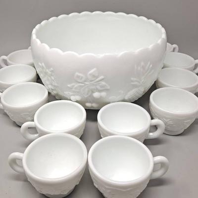 Westmoreland "Fruits" Milk Glass Punch Bowl Set