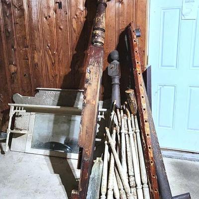 Antique Carved Mirrored Headboard, Railing Wood, Banister Wood, Assorted Wood