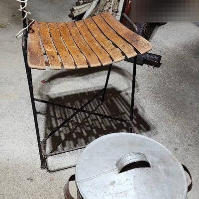 Antique Rod Iron/Wooden Chair & Antique Copper Ash Basin With Lid