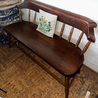 Wooden Bench & Embroidered Pillow