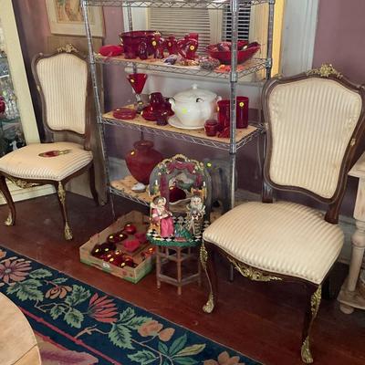 Red glassware, pair of side chairs