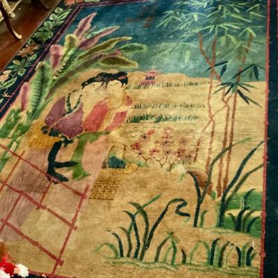 Art deco rug, made in China 1920’s. 104” x 11’ 6” has some wear in fair condition