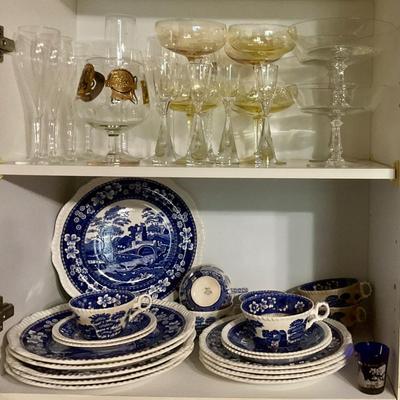 Copeland blue willow China, Val St Lambert compotes, stems