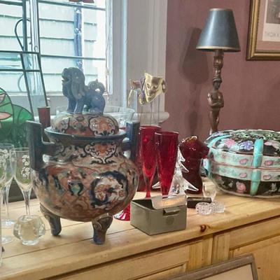 Asian covered jar, red glass, covered bowl