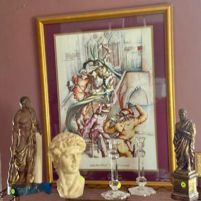 Statuary , candlesticks, framed printers 