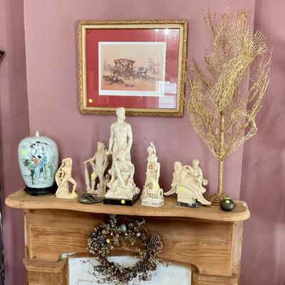 Ginger jar, statues composite, print, gold tree