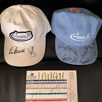 Lot 245: Boston Red Sox Signed Golf Hats/ Score Card (Petrocelli, Tiant,Fisk,Evans)
