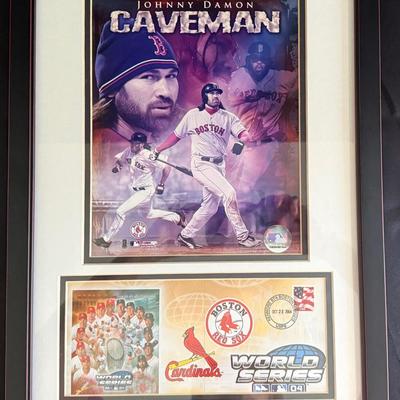 Lot 400: MLB Authenticated Johnny Damon “Caveman” 2004 Red Sox World Series Framed Displa