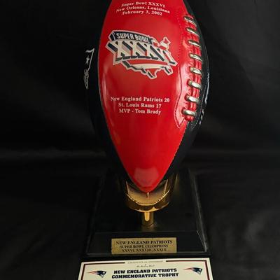 Lot 439: Danbury Mint Patriots Super Bowl XXXVI Trophy w/ COA – Tom Brady MVP NFL Collectible