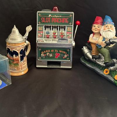 Lot 453: Fun & Quirky Decor Lot – Slot Machine Bank, Beer Stein, Motorcycle Gnomes & More!
