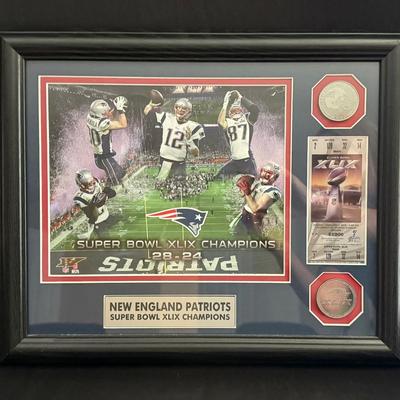 Lot 451: Framed New England Patriots Super Bowl XLIX Champions Display – Brady, Gronk, Edelman