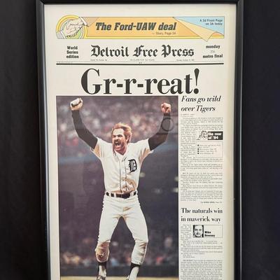 Lot 460: Framed 1984 Detroit Tigers World Series Newspaper – “Grr-reat!” Kirk Gibson Cover