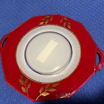 Sale Photo Thumbnail #56: 1930’s red & frosted 2 handled octagon serving plate $27