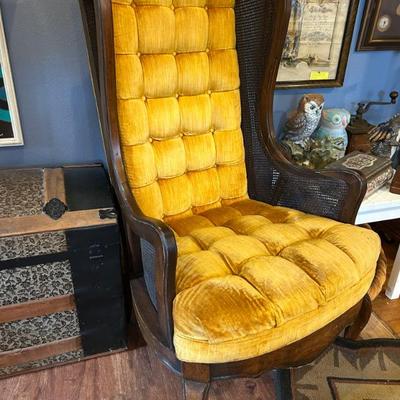 Sale Photo Thumbnail #50: 1970’s wing back caned side harvest gold button tufted chair $225