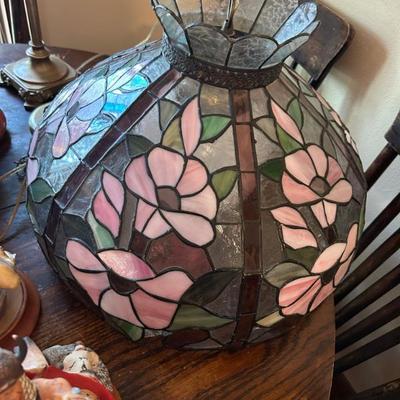 Sale Photo Thumbnail #16: 1970’s Tiffany style stained glass hanging light fixture 20” dia x 13”h. $105 (minor flaw)