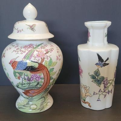 Two Nora Fenton Hand Decorated Chinoiserie Floral/Birds Porcelain Vase & Ginger Jar