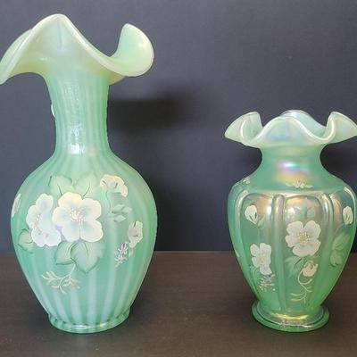 Two Fenton Seafoam Green Opalescent Vases Hand Painted Flowers Signed By Artist 