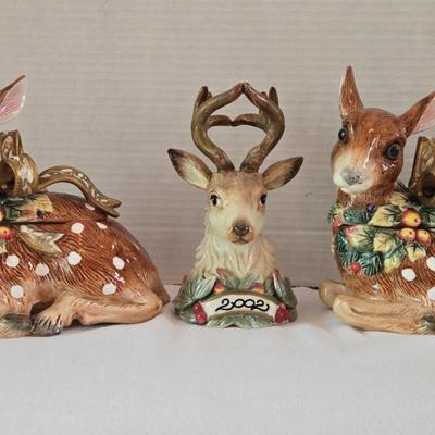 Fitz & Floyd Classics "Snowy Woods" Deer Covered Candy Dishes & Bell