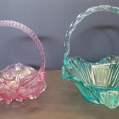 Two Fenton Teal & Pink Glass Handled Baskets