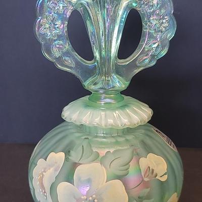 Fenton Willow Green Opalescent Perfume Bottle Hand Painted Flowers Signed By Artist 