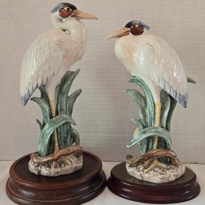 Fitz & Floyd Heron Ceramic Figurines Set Of 2 on Wood Stands