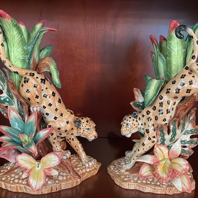 Fitz And Floyd Classics Cheetah And Orchid Candle Holder/ Vase Set Of 2