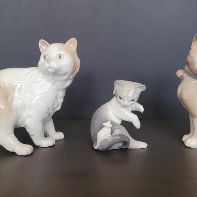 3 Lladro Cat Figurines Lot. Nao, Cat & Mouse Kitten