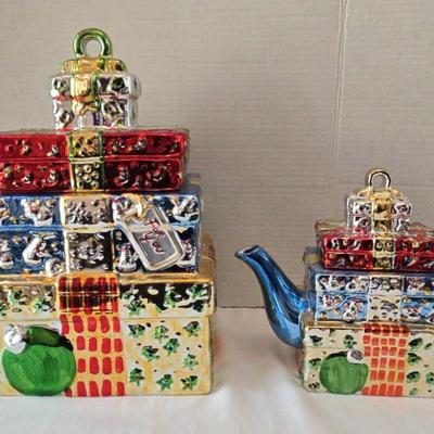 2002 Allure Metallic Ceramic Wrapped Gifts Cookie Jar & Teapot 
