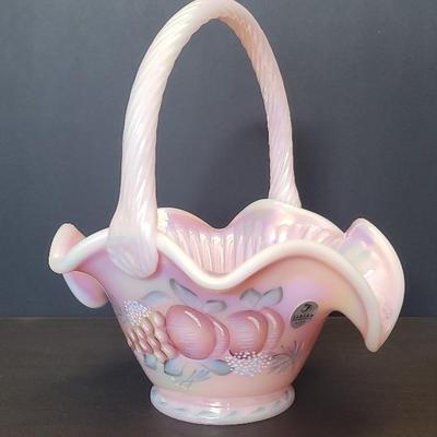 Fenton Rosalene Glass Handled Basket No. 2184 Hand Painted By J. Powell