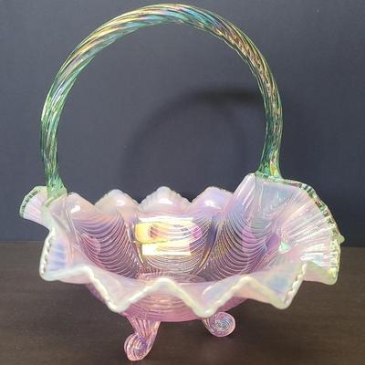 Fenton Opalescent Glass Handled Basket 